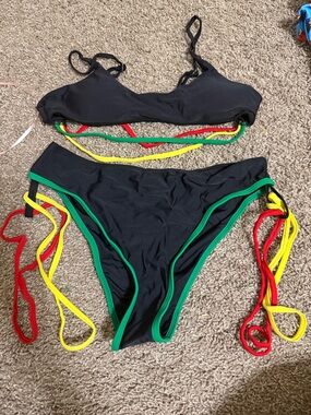 Black Women's Two-Piece Bikini with Red, Yellow & Green Trim